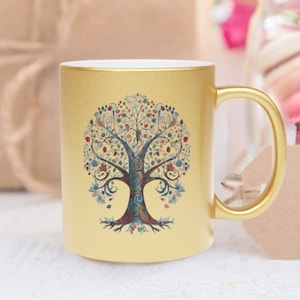 Exquisite Colorful Tree of Life Metallic Mug in Silver or Gold Color, Gift for Nature Lover or Coffee Lover, Home Decor, Unique Coffee Cup
