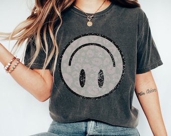 Comfort Colors Upside Down Smiley Face Shirt, Sarcastic T-Shirt, Reversed Smile Tee, Oversized Distressed Smiley Tshirt, Inverted Smile