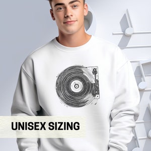 Unisex Record Player Sweatshirt, Retro Vinyl LP Turntable Sweater, Gift for the Music Enthusiast or Album Collector, Stylish Cozy Crewneck