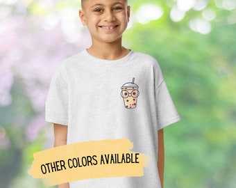 Nerdy Boba Shirt, Kids Kawaii Neko T-Shirt Features a Cute Bubble Tea or Milk Tea Wearing Glasses, Gift for Child Tapioca Pearl Drink Lover
