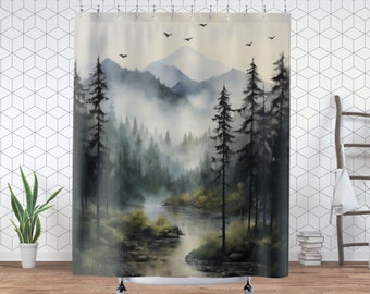 Foggy Mountain Shower Curtain with Misty Forest in Serene Woodland Bath Decor, Gift for New Home or Homeowner or Bathroom Redecoration