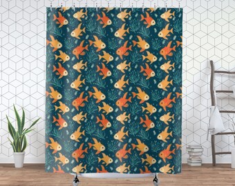 May include: A shower curtain with a repeating pattern of orange and yellow fish swimming in a dark blue sea. The fish are stylized and have a cartoonish appearance.