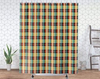 Plaid Checker Shower Curtain in Yellow, Teal, Black and Red, Mid-Century Bath Decor for New Home or Housewarming Gift, Bathroom Redecoration