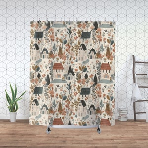 Cottagecore Shower Curtain, Whimsical Folk Art Design, Cottagepunk Bath Decor, Houses in a Village, Housewarming Gift, Bathroom Curtain