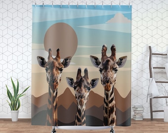 Three Giraffes Shower Curtain, Modern Giraffe Trio in a Surreal Landscape, Funny Bath Decor, Gift for New Home, Nature or Animal LoverLover