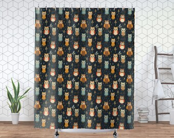 Rideau de douche hiboux colorés, motif hiboux dans les forêts, décoration de bain oiseaux avec fond sombre, cadeau de pendaison de crémaillère pour amoureux de la nature