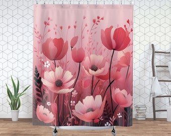 Pink Poppies Shower Curtain, Floral Romantic Soft Tonal Bath Curtain, Botanical Housewarming Gift for Nature Lover or New Home or Bath Decor