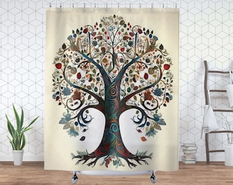 Tree of Life Shower Curtain, Colorful Earthly Decor for Bathroom, Charming Rustic Bath Decoration or Housewarming Gift for for Nature Lover