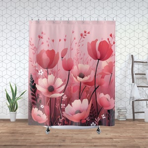 Pink Poppies Shower Curtain, Floral Romantic Soft Tonal Bath Curtain, Botanical Housewarming Gift for Nature Lover or New Home or Bath Decor
