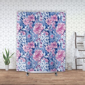 Pink and Blue Floral Shower Curtain, Charming Bath Decor that Features Elegant Flowers Beautiful Botanical Gift for New Home or Housewarming