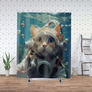 May include: A cat wearing a vintage diving suit with a clear helmet, underwater with bubbles around it. The cat has a surprised expression on its face.