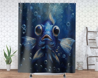 Adorable Blue Fish Shower Curtain, Bubbly Underwater Close-up Nautical Theme Bath Accessory, Housewarming Gift or for New Home or Remodel