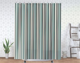 Simple Modern Shower Curtain, Pop Art Minimalist Green and Beige Stripes Bath Decor, Gift for New Contemporary Home Bathroom, Bath Redecor