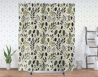 Olive Green Shower Curtain, Leaves and Dots on a Light Beige Background, Gift for New Home or Housewarming, Botanical Decor for Bathroom