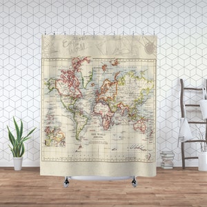 Weltkarte Duschvorhang, antiker Retro-Stil, entdecken Sie die Welt Reise, Dekor für Badezimmer, Housewarming Geschenk, charmante Baddekoration