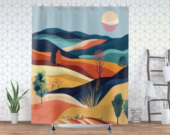 Bunter moderner minimalistischer Landschaftsduschvorhang, Boho Zeitgenössischen Chic für Ihr Badezimmer, Geschenk für Naturliebhaber oder Neues Zuhause oder Redecor