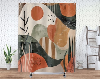 Cortina de chuveiro boho de meados do século XX em terracota com formas orgânicas abstratas em tons terrosos, presente para amantes da natureza, para casa nova ou inauguração.