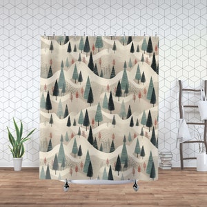 Kiefernbäume Duschvorhang mit einem winterlichen Szenenwald mit verschneiten Landschaften, grünen Tannen und roten Bäumen, Einweihungsgeschenk für das neue Zuhause