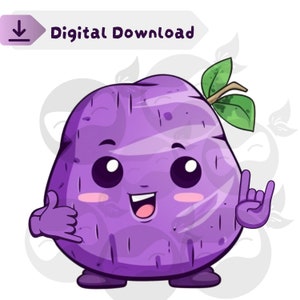 Cute Purple Yam Clipart, Smiling Cartoon Ube with Leaves Digital Download PNG File Graphic image 1