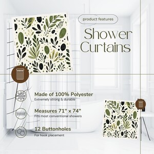 Olive Green Shower Curtain, Leaves and Dots on a Light Beige Background, Gift for New Home or Housewarming, Botanical Decor for Bathroom image 3