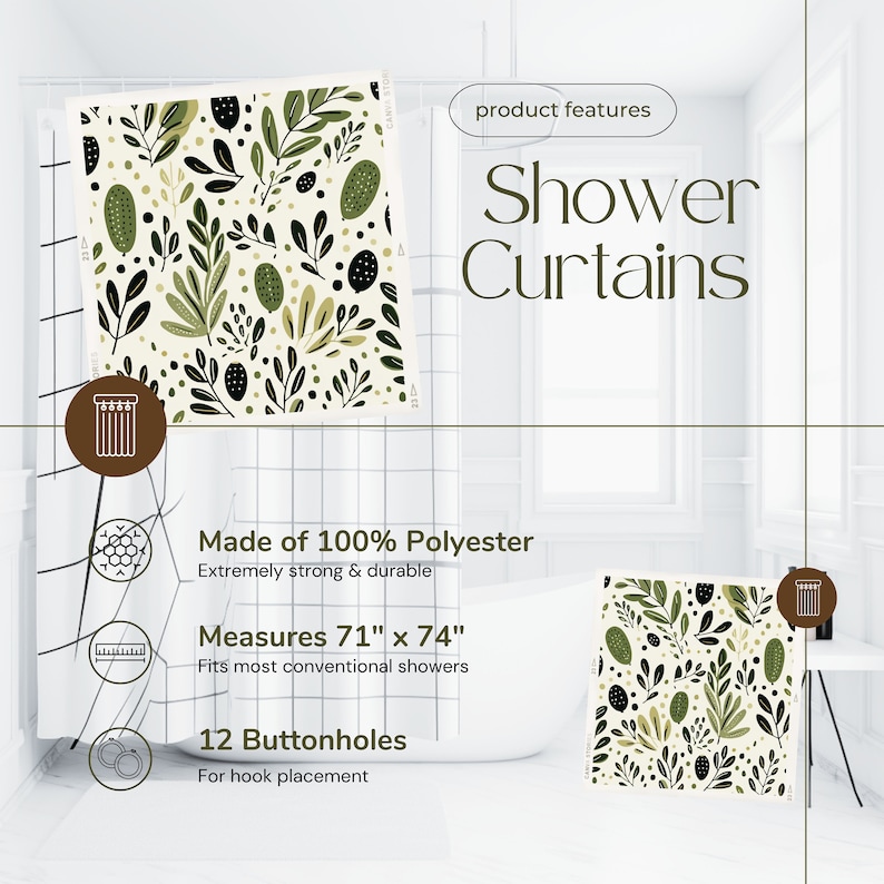 Olive Green Shower Curtain, Leaves and Dots on a Light Beige Background, Gift for New Home or Housewarming, Botanical Decor for Bathroom image 3