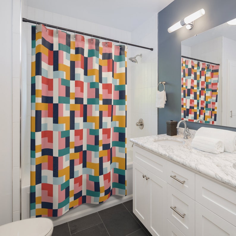 Geometric Colorblock Shower Curtain, Colorful Blocks Bath Curtain ...