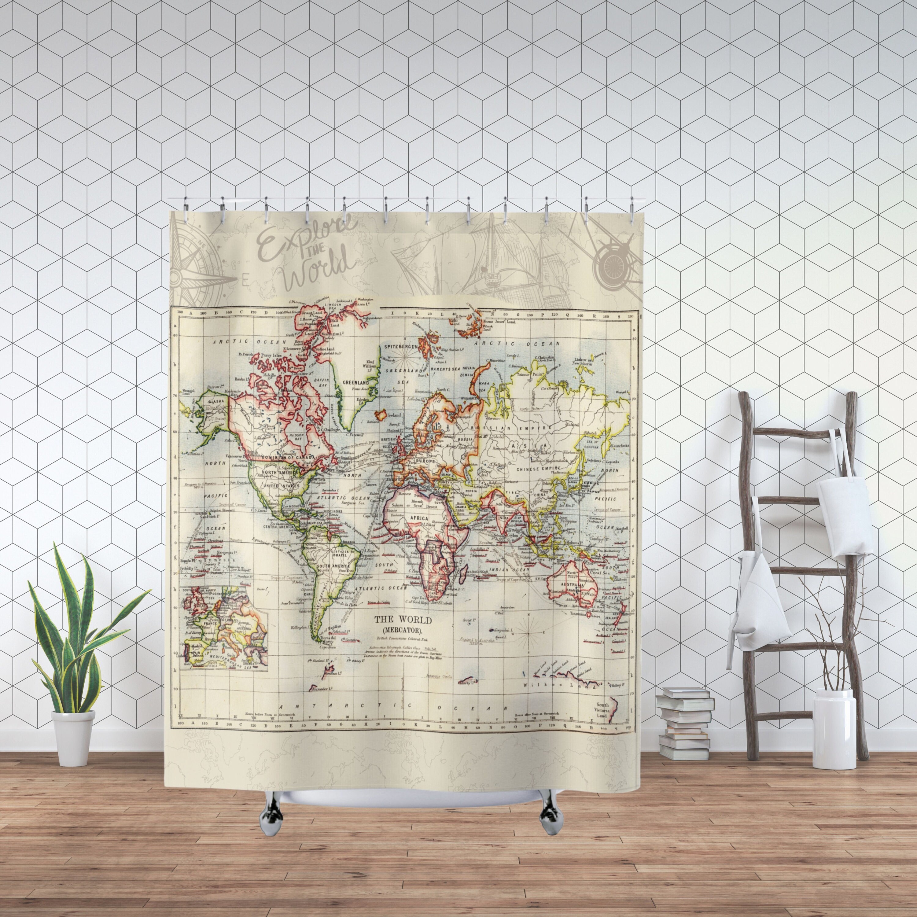 World Map Shower Curtain, Antique Retro Style, Explore the World Travel ...