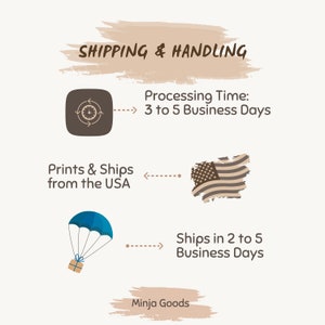 May include: Illustration of shipping and handling information. A clock icon with an arrow pointing right indicates a processing time of 3 to 5 business days. A US flag icon with an arrow pointing left indicates that prints and ships from the USA. A package with a parachute icon with an arrow pointing right indicates that ships in 2 to 5 business days. The text "Minja Goods" is at the bottom of the image.