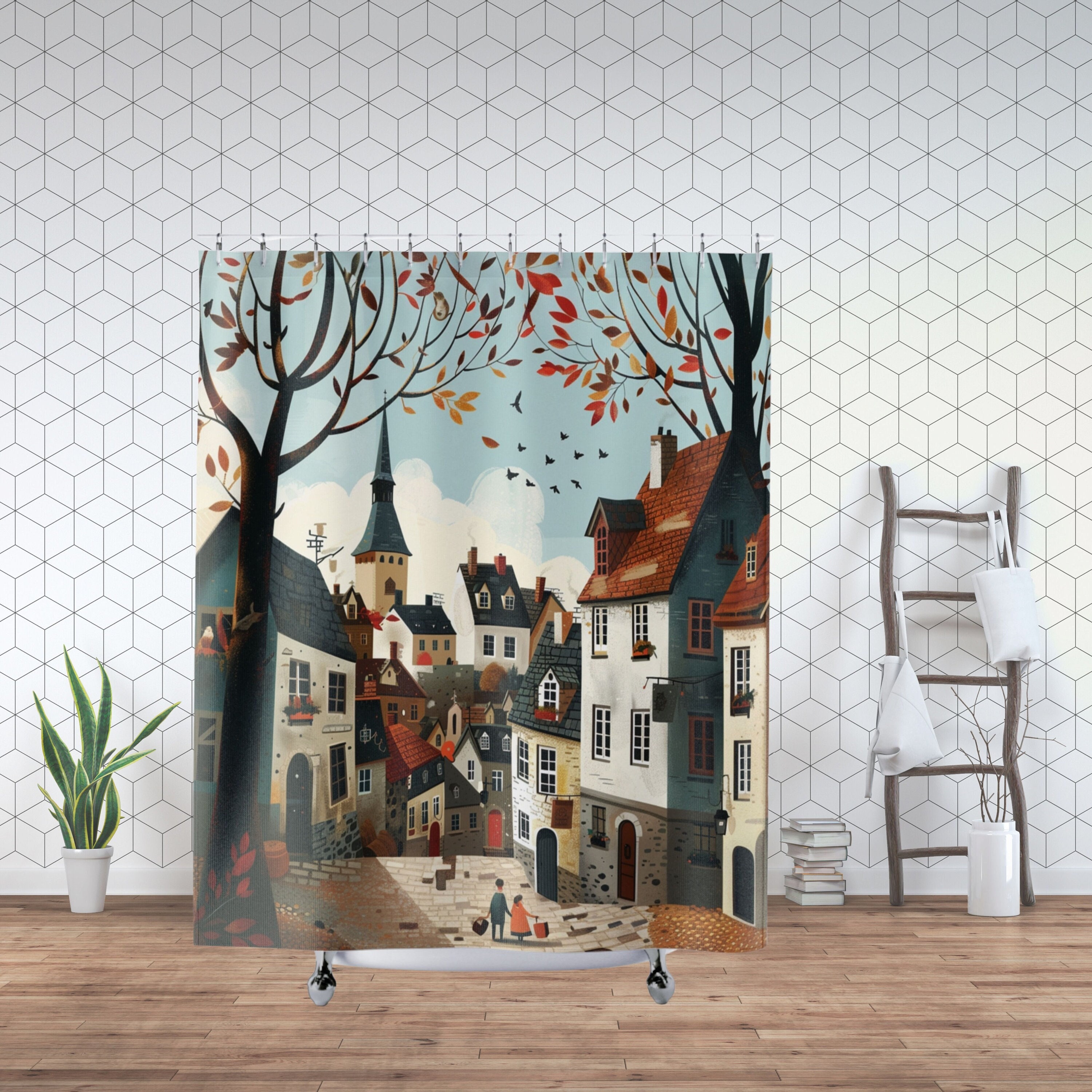 Quiet Town Shower Curtain, Autumn Old Town Shower Curtain with Charming Cobblestone Streets, Housewarming Gift, Bath Decor in Autumn Colors