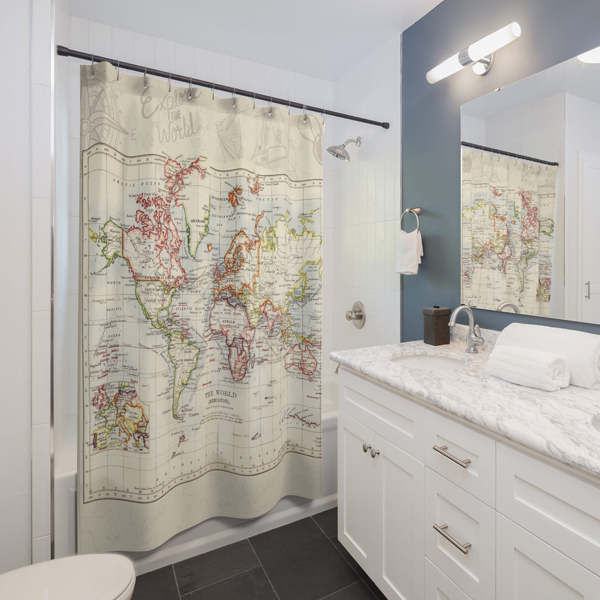 World Map Shower Curtain, Antique Retro Style, Explore the World Travel ...