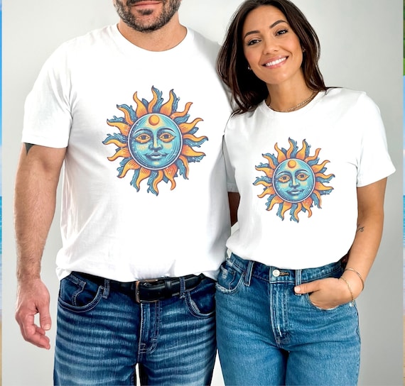 Unisex Blue & Orange Sun Face Shirt, Smiling Sun T-shirt, Sun