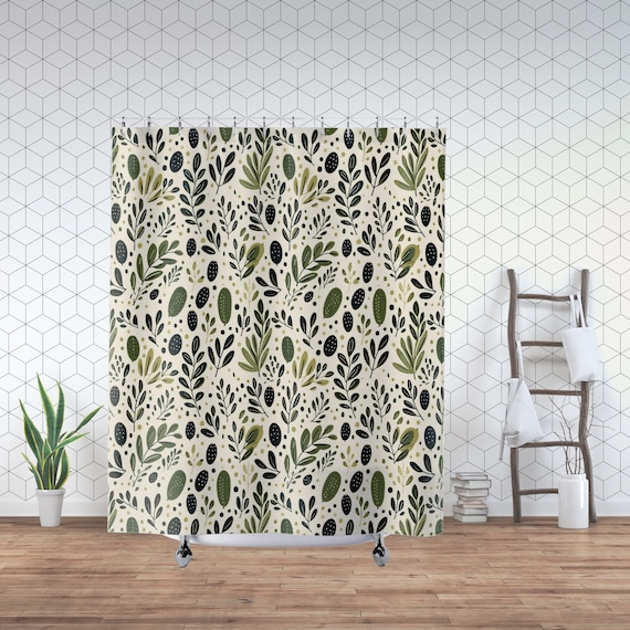 Olive Green Shower Curtain, Leaves and Dots on a Light Beige Background, Gift for New Home or Housewarming, Botanical Decor for Bathroom