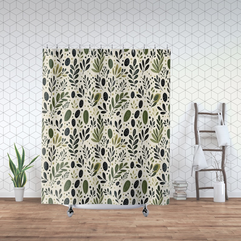 Olive Green Shower Curtain, Leaves and Dots on a Light Beige Background, Gift for New Home or Housewarming, Botanical Decor for Bathroom