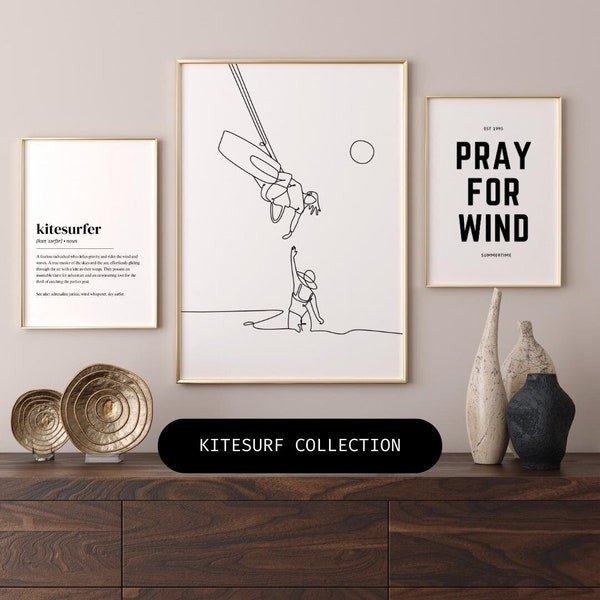 Kitesurf Art Prints Set of 3, Kitesurf Wall Art Decor, Minimalist Kitesurf Prints, printable Art, continuous line art, kitesurf quote poster