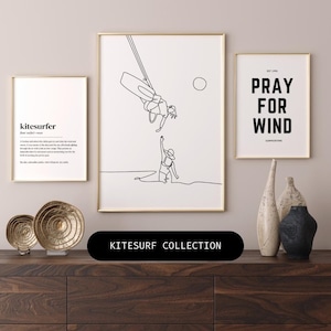 Kitesurf Art Prints Set of 3, Surf Wall Art Decor, Minimalist Kitesurf Posters, Printable Surf Decor, One Line Drawing, Kitesurf Quote Print