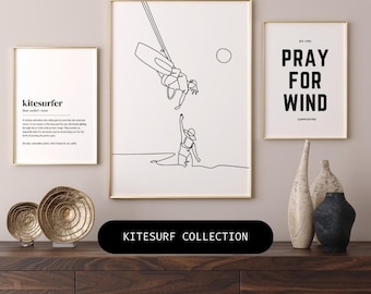 Kitesurf Print Set of 3 | Printable Wall Art | One Line Drawing kitesurf couple & Quotes - pray for wind - kitesurf definition