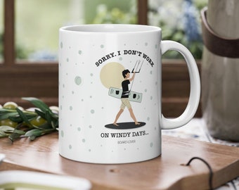Kitesurfing mug - gift for kitesurfers, kitesurfing motif coffee mug, kiteboard decoration, don't work on windy days, kite surfing gift, kite design