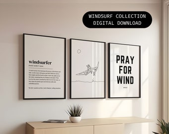 Windsurfing Art Prints Set of 3, Windsurfing Wall Art Decor, Minimalist Windsurfing Prints, printable Art, continuous line art, windsurfing quote poster