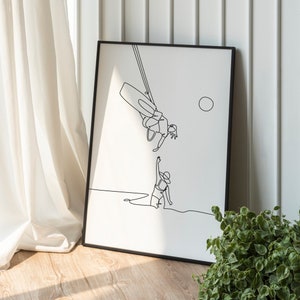 Könnte beinhalten: Schwarzweiß-Linienkunst-Druck von zwei Personen am Strand. Eine Person schwingt an einer Seilschaukel und die andere Person steht am Strand und streckt die Hand aus, um die Hand der schwingenden Person zu greifen.