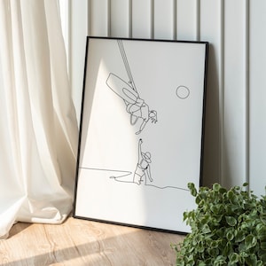 Cartel de kitesurf, arte de línea de pareja de kitesurf, imagen de kitesurf, arte de pared de kitesurf, dibujo de línea continua, regalo de kitesurf, tabla de kitesurf