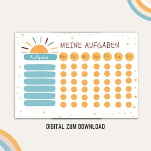 以下が含まれることがあります： 太陽と雲のデザインが施された、印刷可能な週間のやることリスト。リストには、やることを書き出すセクションと、曜日をマークするグリッドがあります。リストの上部には「Meine Aufgaben」というテキストがあります。