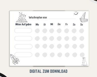 Weekly schedule and chore plan for children as a PDF. Daily schedule, daily routine, weekly routine, chore allocation for children, family plan to color in