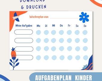 Takenplan voor kinderen - wekelijkse takenplanning - A4 takenplan om af te drukken - digitale download - blauw - oranje