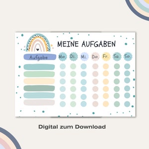 May include: A printable chart with a rainbow design and the text "MEINE AUFGABEN" at the top. The chart is divided into seven columns labeled "Mo", "Di", "Mi", "Do", "Fr", "Sa", and "So". Each column has a row of circles for each day of the week. The chart also has a column labeled "Aufgabe" with blank spaces for writing tasks.