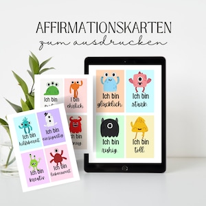 Affirmationskarten Kinder zum ausdrucken mit Monster 12 Stück deutsch