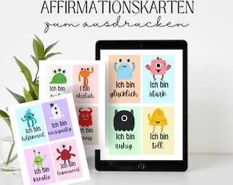 Cartes d'affirmation pour enfants à imprimer avec des monstres, 12 pièces, allemand