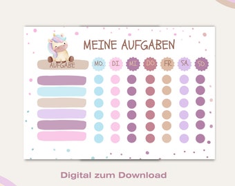 May include: A printable chart with a unicorn illustration and the text "MEINE AUFGABEN" at the top. The chart is divided into sections for each day of the week, with circles for marking tasks. The text "AUFGABE" is below the unicorn. The text "Digital zum Download" is at the bottom of the chart.