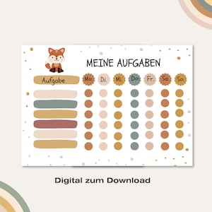 Op de afbeelding: Een printbare kaart met een vos-illustratie en de tekst "MEINE AUFGABEN" in het Duits. De kaart is verdeeld in secties voor elke dag van de week, met cirkels om taken te markeren. De tekst "Digital zum Download" staat onderaan.