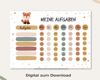 Weekly plan task list for children. Daily plan, daily routine, weekly routine, distribution of tasks for children, family plan - fox, natural tones