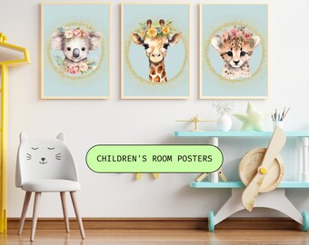 Animal poster with flower wreath children's room download PNG